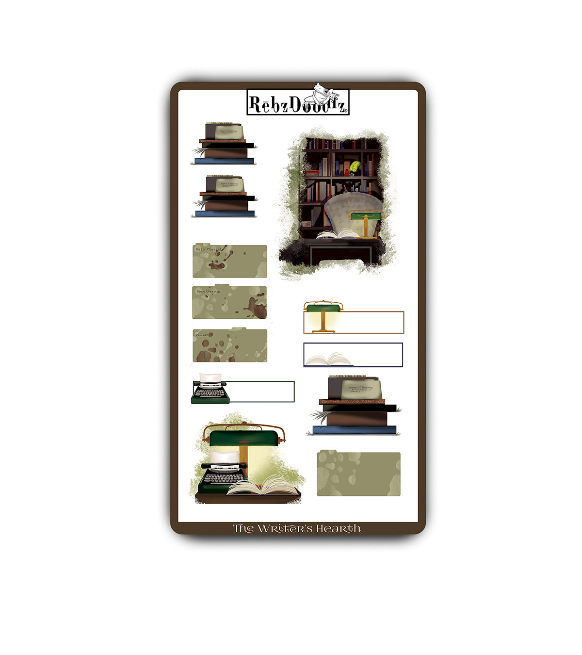 Collection of bookshelf and typewriter illustrated sticker sheet hand-painted by RebzDoodlz