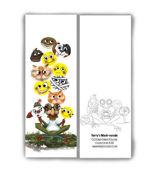 Step into mystery and mischief with the Farty’s Mask-eerade Bookmark!  Illustrated by Rebz Doodlz