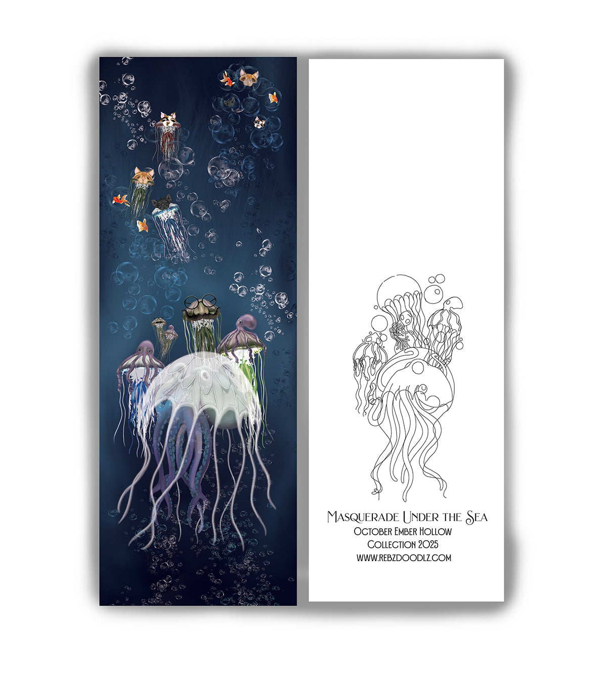 Dive into underwater elegance with the Inky’s Jellyfish Masquerade Bookmark!  Illustrated by Rebz Doodlz