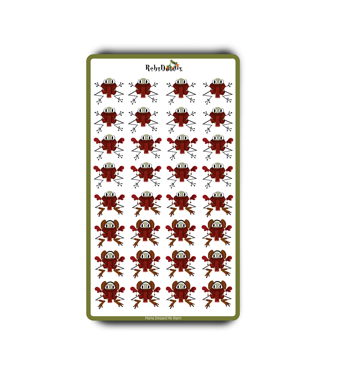 Farty McFroggerton is ready for the chilly season—rocking his bright red mittens, matching scarf, and fluffy ear muffs!  Illustrated by Rebz Doodlz