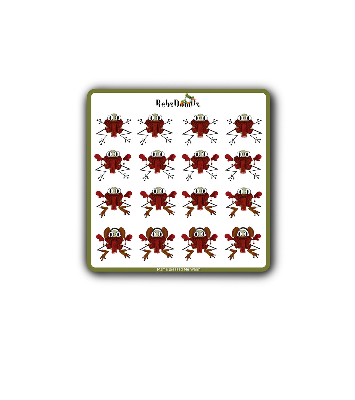 Farty McFroggerton is ready for the chilly season—rocking his bright red mittens, matching scarf, and fluffy ear muffs!  Illustrated by Rebz Doodlz